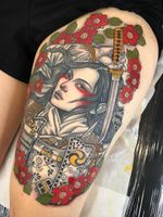 Beautiful tattoo by Lynn Akura #LynnAkura #beautifultattoos #beautifultattoo #beautiful #tattooidea #besttattoo #awesometattoo #cooltattoo #neotradtional #warrior #soldier #portrait #cherryblossoms #leg