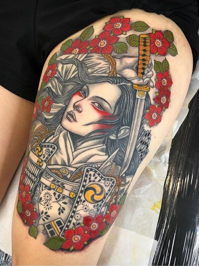 Beautiful tattoo by Lynn Akura #LynnAkura #beautifultattoos #beautifultattoo #beautiful #tattooidea #besttattoo #awesometattoo #cooltattoo #neotradtional #warrior #soldier #portrait #cherryblossoms #leg