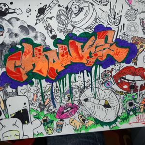First anything to do with drawing anything scenes my wife left me li little rusty first word ik n graffiti not evil or bad but change al lb in the back gr round is epic chaos just like my life now draw custom one like this 10 dollars this one not even close to done lol