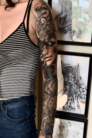 @cartelllabtattoo /Black and grey , design created by me, arm all done by me and also still more work to complete this full arm sleeve...