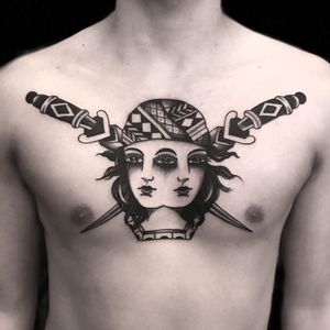 Chest tattoo by Derick Montez #DerickMontez #TattoodoApp #TattoodoApptattooartist #tattooartist #tattooart #tattooidea #inspiringtattoo #besttattoo #awesometattoo #traditional #portrait #sword #dagger #chest