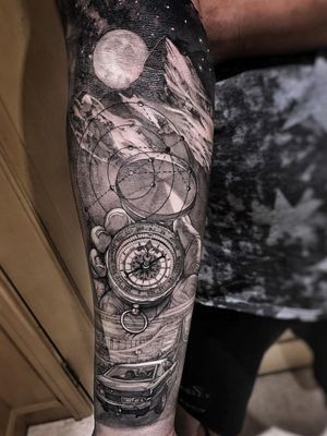 Black and grey realism tattoo by Josh Lin #JoshLin #TattoodoApp #TattoodoApptattooartist #tattooartist #tattooart #tattooidea #inspiringtattoo #besttattoo #awesometattoo #Blackandgrey #realism #hyperrealism #compass #car #arm