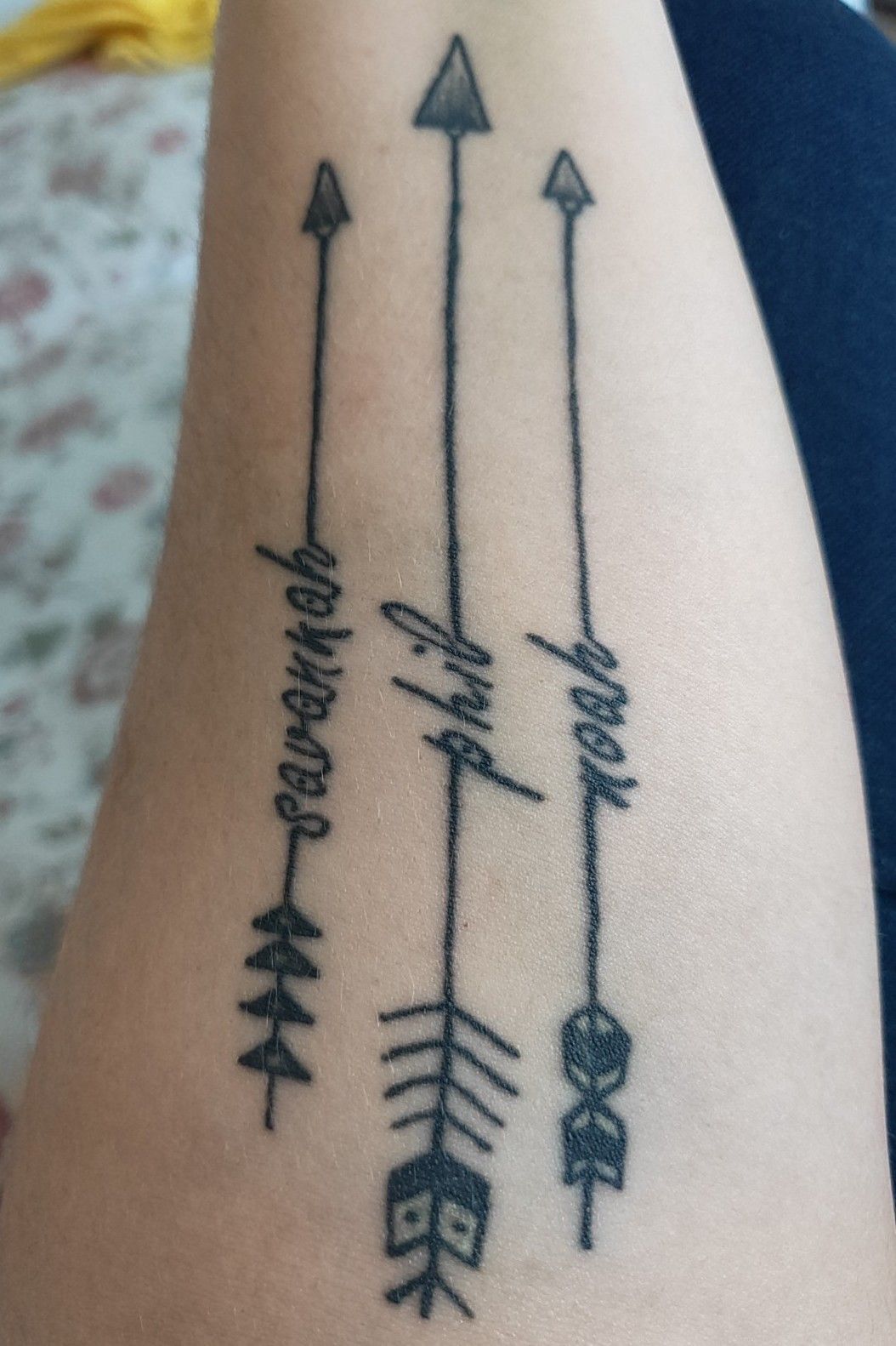 Tattoo uploaded by Jem Wyld • Family tattoo with kids and hubby's names # arrows #family • Tattoodo