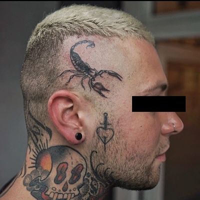 Scorpion tattoo by Blame Max #BlameMax #TattoodoApp #TattoodoApptattooartist #tattooartist #tattooart #tattooidea #inspiringtattoo #besttattoo #awesometattoo #handpoke #blackandgrey #scorpion #scalp #dead