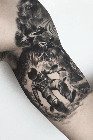 Black & grey outer space & astronaut half sleeve