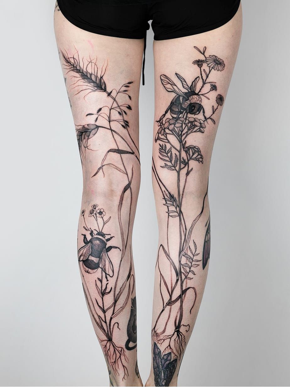 Beautiful natureinspired black and grey leg sleeve via Oliver Macintosh  IG olivermacintosh oli  Flower leg tattoos Butterfly leg tattoos Leg  tattoos women