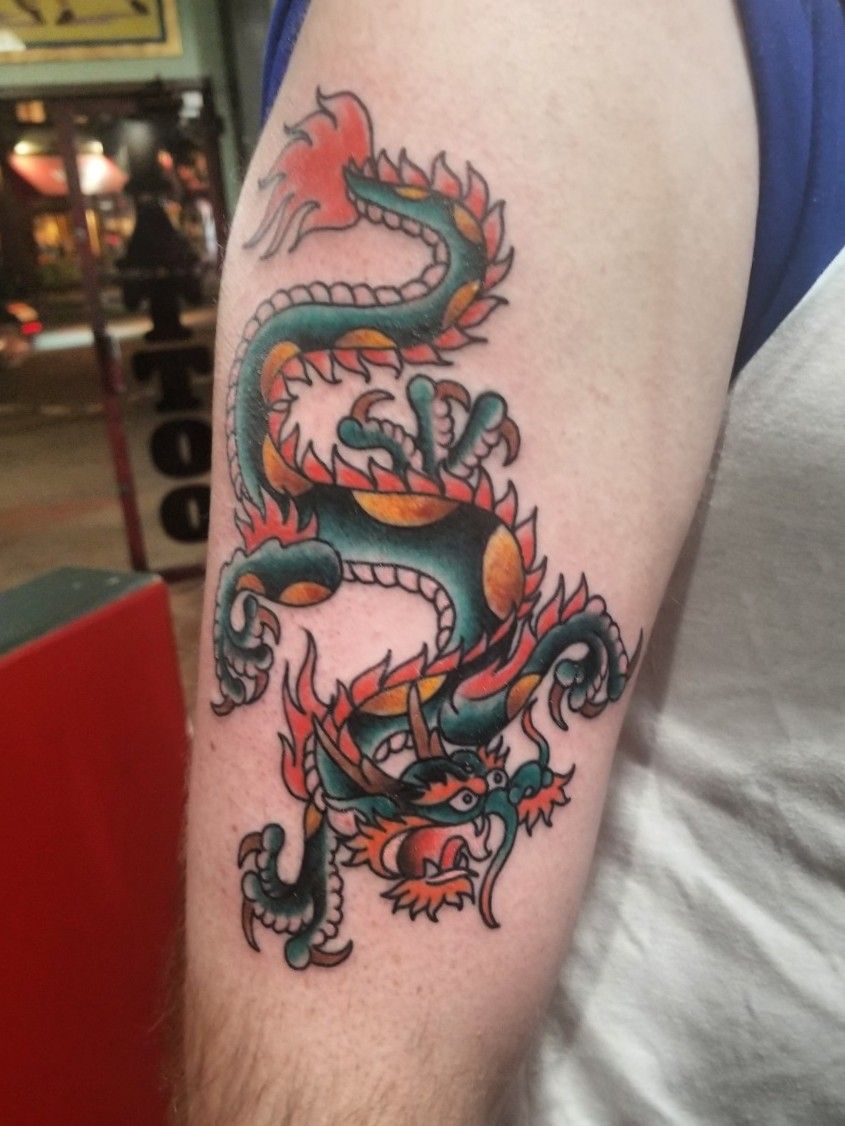 American traditional dragon done by Jeffrey Meyer at Howdy Tattoo in St  Louis MO  rtattoo