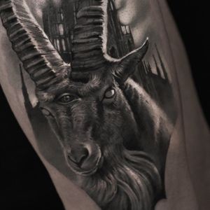 Evil goat tattoo by Elen Soul #ElenSoul #TattoodoApp #TattoodoApptattooartist #tattooartist #tattooart #tattooidea #inspiringtattoo #besttattoo #awesometattoo #realism #realistic #goat #Blackandgrey #demonic #horns #arm