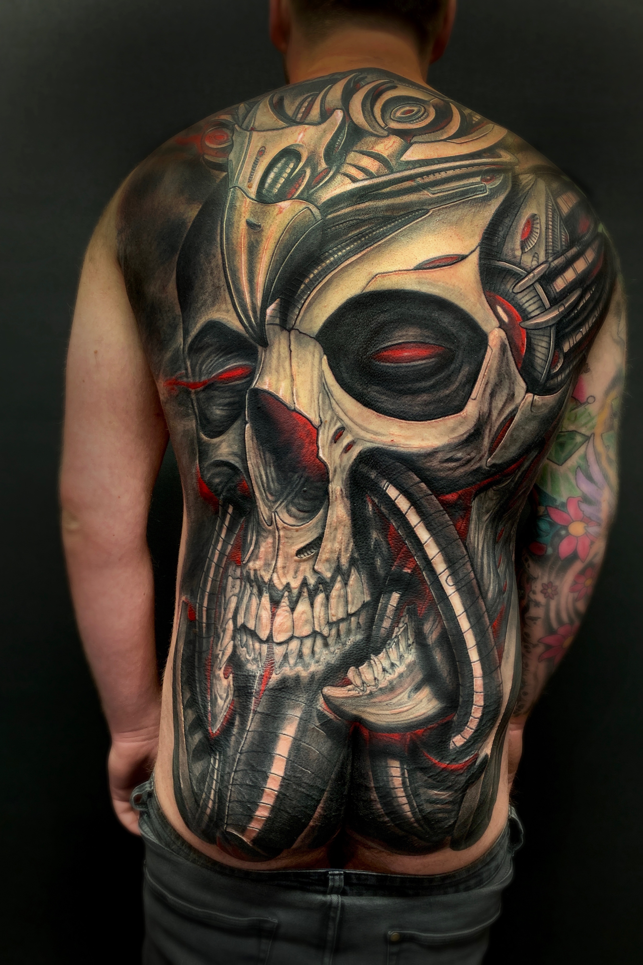 Full body suit biomechanical tattoos by Javier Obregon