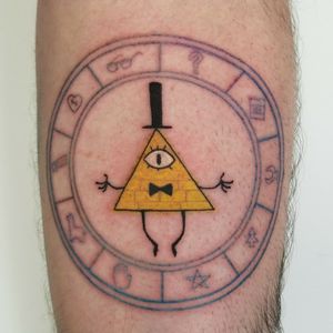 Bill Cipher from Gravity Falls! Another fun tat. The wheel around him was done in UV ink, thus it's very light. :)Please DM me through instagram or facebook for bookings @classylasslilith#gravityfalls #billcipher #cartoontattoo #colortattoo #uvtattoo #UVink #funtattoo #nerdytattoo #armtattoo