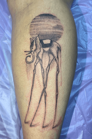 Dott work dali elephant tattoo.