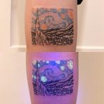UV Ink Tattoo by Tukoi #Tukoi #uvinktattoo #uvink #uvtattoo #ultraviolet #ultraviolettattoo #uv #VanGogh #landscape #painting #fineart #starrynight #stars #moon #leg