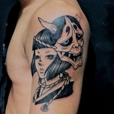Customize tattoo #blackandgreytattoo #illustration #hannyamask #hannyatattoo #japanesetattoo 