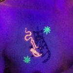 UV Ink Tattoo by Kayla Newell #KaylaNewell #uvinktattoo #uvink #uvtattoo #ultraviolet #ultraviolettattoo #uv #chest #cat #kitty #bong #weed #420 #illustrative