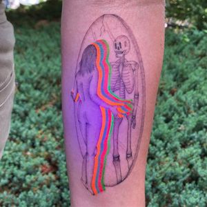 UV Ink Tattoo by Hip Hops Prayer #HipHopsPrayer #uvinktattoo #uvink #uvtattoo #ultraviolet #ultraviolettattoo #uv #illustrative #lady #pinup #skeleton #skull #arm