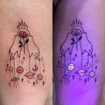 UV Ink Tattoo by Tukoi #Tukoi #uvinktattoo #uvink #uvtattoo #ultraviolet #ultraviolettattoo #uv #illustrative #flower #hand #galaxy #planets #stars #constellation #linework #arm