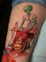 Good tattoo design by Paul Marino #PaulMarino #goodtattoodesigns #goodtattoodesign #tattoodesign #besttattoo #alien #lady #funny #surreal #darkart #unique #leg #color #newschool