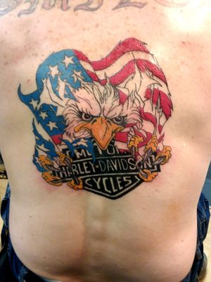 Large Harley Davidson back tattoo for a good friend.  BOOK a appointment today! #inklifestyle #crazydayztattoo4life #phucstyxtattoosupply #724tattooartist #TattooSteveD #harleydavidsontattoos 