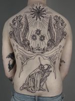 Back tattoo by Ant the Elder #AnttheElder #SangBleu #London #sigil #illustrative #medieval #etching #engraving #renaissance #symbol #esoteric #darkart #symbolism #blackwork #linework #backtattoo
