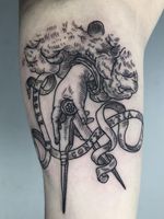 Illustrative tattoo by Ant the Elder #AnttheElder #SangBleu #London #sigil #illustrative #medieval #etching #engraving #renaissance #symbol #esoteric #darkart #symbolism #blackwork #linework #arm
