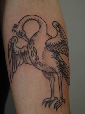 Catholic pelican tattoo by Ant the Elder #AnttheElder #SangBleu #London #sigil #illustrative #medieval #etching #engraving #renaissance #symbol #esoteric #darkart #symbolism #blackwork #linework #arm