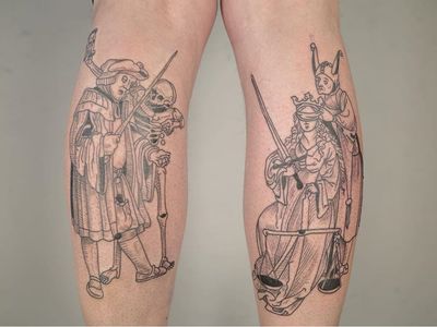 Leg tattoo by Ant the Elder #AnttheElder #SangBleu #London #sigil #illustrative #medieval #etching #engraving #renaissance #symbol #esoteric #darkart #symbolism #blackwork #linework #leg