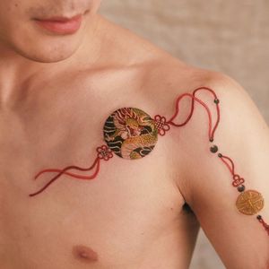 Good tattoo design by Sion #Sion #goodtattoodesigns #goodtattoodesign #tattoodesign #besttattoo #dragon #knot #tassel #flower #norigae #korean #color #illustrative #shoulder #ornamental #jewelry