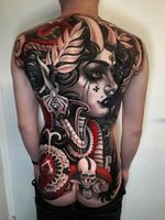 Good tattoo design by Cristian Casas #CristianCasas #goodtattoodesigns #goodtattoodesign #tattoodesign #besttattoo #neotraditional #snake #lady #ladyhead #skull #ornamental #vampire #pattern #back #backpiece