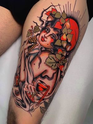 Good tattoo design by Pablo Lillo #PabloLillo #goodtattoodesigns #goodtattoodesign #tattoodesign #besttattoo #traditional #lady #portrait #wine #grapes #fruit #leaves #goddess #leg #traditional