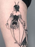 Aubrey Beardsley tattoo by Ant the Elder #AnttheElder #SangBleu #London #sigil #illustrative #medieval #etching #engraving #renaissance #symbol #esoteric #darkart #symbolism #blackwork #linework #leg