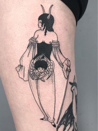 Aubrey Beardsley tattoo by Ant the Elder #AnttheElder #SangBleu #London #sigil #illustrative #medieval #etching #engraving #renaissance #symbol #esoteric #darkart #symbolism #blackwork #linework #leg