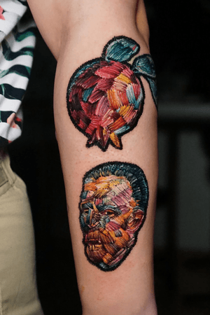 Two works in the style of embroidery.  Portrait of Vincent van Gogh and pomegranates.  No, these are not a stitch!  These are tattoos! 🖤 #tattoo #embroidery #embroiderytattoo #vangogh #vincentvangogh #vangoghtattoo