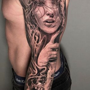 Girl Portrait Full Sleeve with smoky effect completely healed, London, UK | #blackandgrey #realism #tattoos #fullsleeve