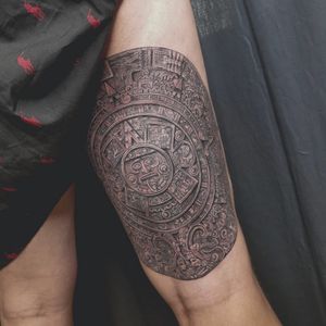 Aztec calendar done by jones#aztectattoos #blackandgreytattoo #detailed #tattooart #tattoooftheday 