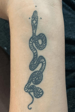 Snake done about a year ago, by (insta) @ElectricPandaTattoo (Jenny) from Sink Or Swim Tattoo in Aurora
