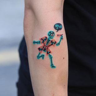 Skeleton tattoo of Zzizzi #Zzizzi #skeleton tattoos #skeleton tattoo #bone #bones # skull # death #anatomy #anatomical #handstick #stickandpoke #raygun #gun #flower #arm