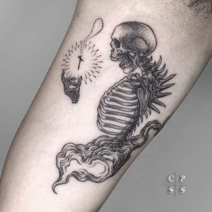 Skeleton tattoo of Cripsis Ink #CripsisInk #skeleton tattoos #skeleton tattoo #bone #bones # skull # death #anatomy #anatomical #illustrative #darkart #cross #demon #monster #smoke # rosary #arm