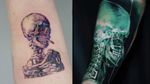 Skeleton tattoo on the left by Tattooer Manda and skeleton tattoo on the right by Yomico #Yomico #TattooerManda #skeletontattoos #skeletontattoo #skeleton #bones #skull #death #anatomy #anatomical