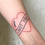 Girly Traditional tattoo by Courtney Lloyd #CourtneyLloyd #FemmeFatale #Traditionaltattoo #GirlyTraditional #Traditional #newschool #color #tattooartist #London #UK #heart #banner #notyou #valentine #arm