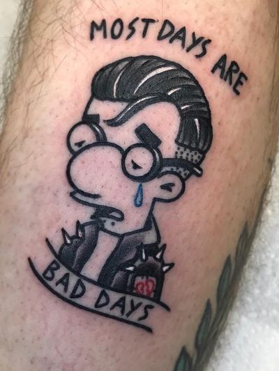 Girly Traditional tattoo by Courtney Lloyd #CourtneyLloyd #FemmeFatale #Traditionaltattoo #GirlyTraditional #Traditional #newschool #color #tattooartist #London #UK #simpsons #sadgirl #baddays #funny #crybaby #leg