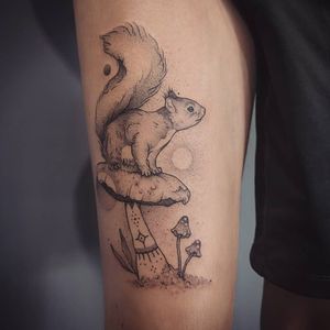 Best Tattoodo App tattoo by Tattoos by Daisy #TattoosByDaisy #TattoodoApp #TattoodoApptattooartist #tattooartist #tattooart #tattooidea #inspiringtattoo #besttattoo #Leg #illustrative #dotwork #squirrel #mushroom #cute