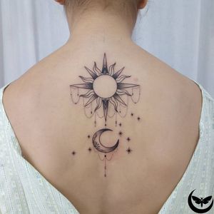 Best Tattoodo App tattoo by Charmth #Charmth #TattoodoApp #TattoodoApptattooartist #tattooartist #tattooart #tattooidea #inspiringtattoo #besttattoo #sun #moon #minimal #ornamental #star #back