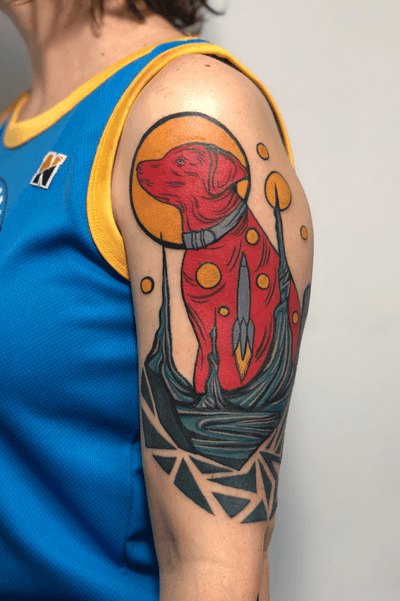 a red spacedog because why not #illustrative #dustypast #colortattoo #polandtattoo 