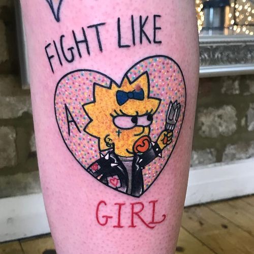 Girly Traditional tattoo by Courtney Lloyd #CourtneyLloyd #FemmeFatale #Traditionaltattoo #GirlyTraditional #Traditional #newschool #color #tattooartist #London #UK #maggiesimpson #heart #fightlikeagirl #punk #funny #leg