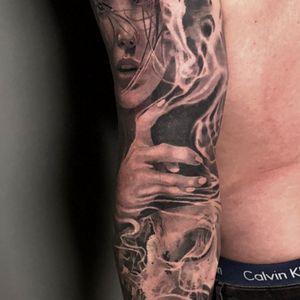 Girl, Skull & Smoke Full Sleeve Healed, London, UK | #blackandgrey #realism #tattoos