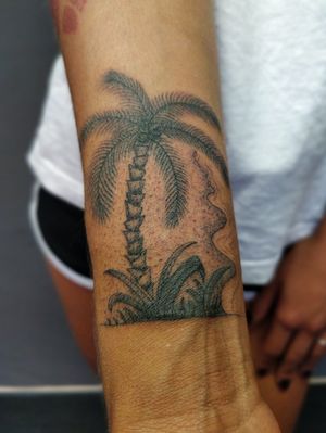 Cool #tinytattoo #coverup (small Kanji inner wrist) with #palmtree and #beach #holidays #forever 