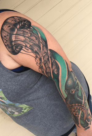 Left arm, jellyfish and octopus