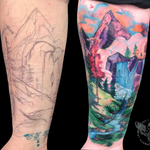 Freehand watercolor moutnain scene #freehand #mountain #tattoo #watercolor 