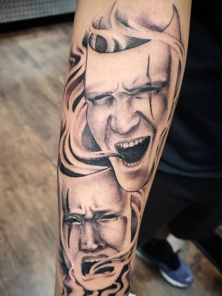 Tattoo uploaded by Hunter Oatley  Comedy and Tragedy Theatre Masks   Tattoodo