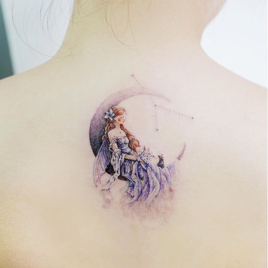 Tattoo uploaded by Tattoodo • Fairy tattoo by Tattooist Banul  #TattooistBanul #fairytattoo #fairytattoos #fairy #wings #magic #folklore  #fairytale #moon #constellation #flower #floral #back #watercolor • Tattoodo